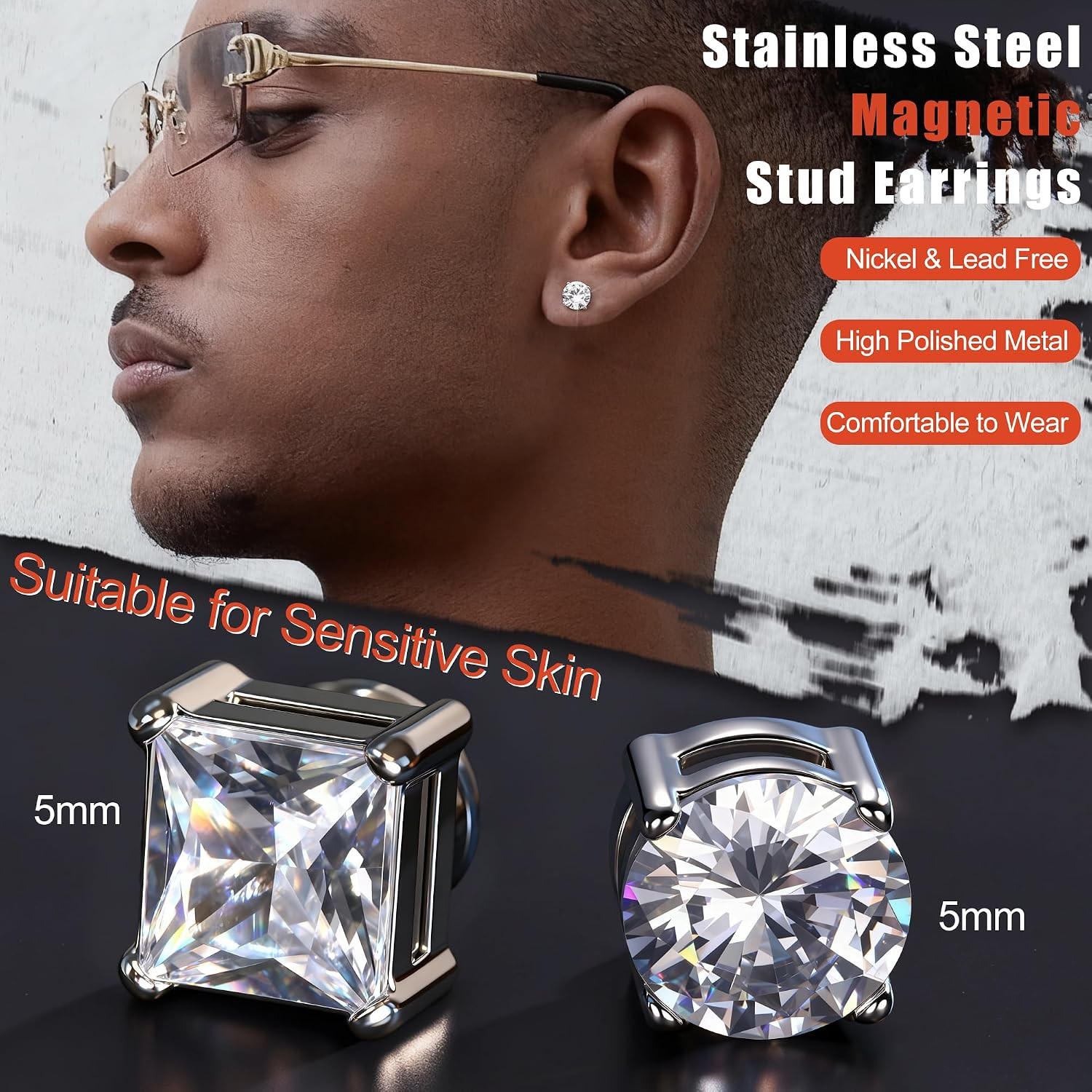 2 Pairs Stainless Steel Magnetic Stud Earrings for Men Women Non-Piercing CZ Hyp