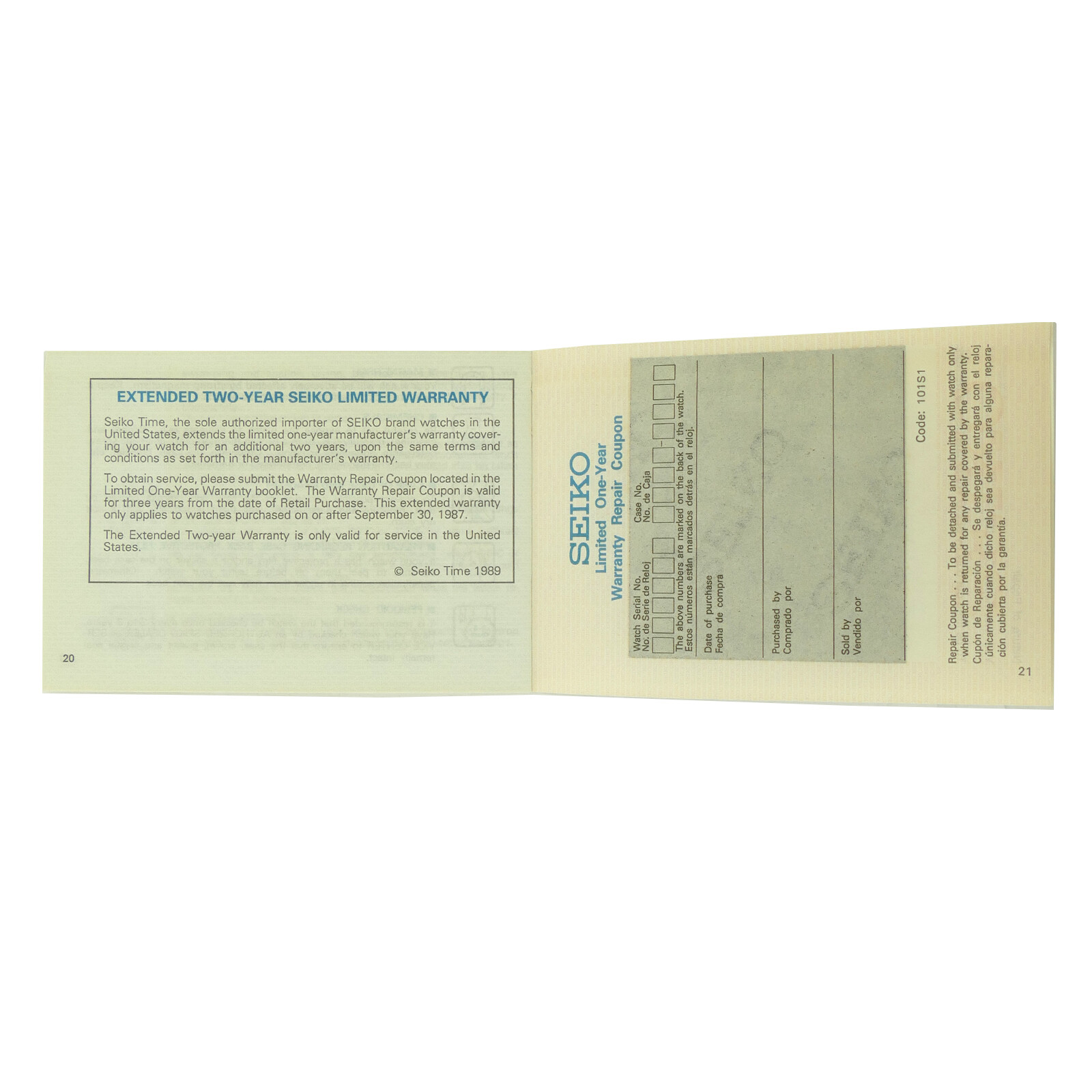 SEIKO VINTAGE LIMITED ONE-YEAR WARRANTY & INSTRUCTION FOR ANALOGUE WATCH BOOKLET