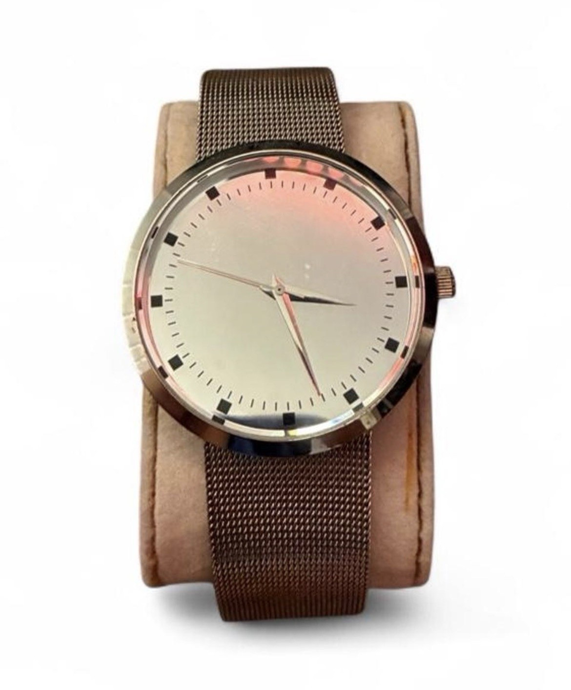 Quartz Analog Watch Silver Dial Stick Index Round Silver Case Brown Mesh Band