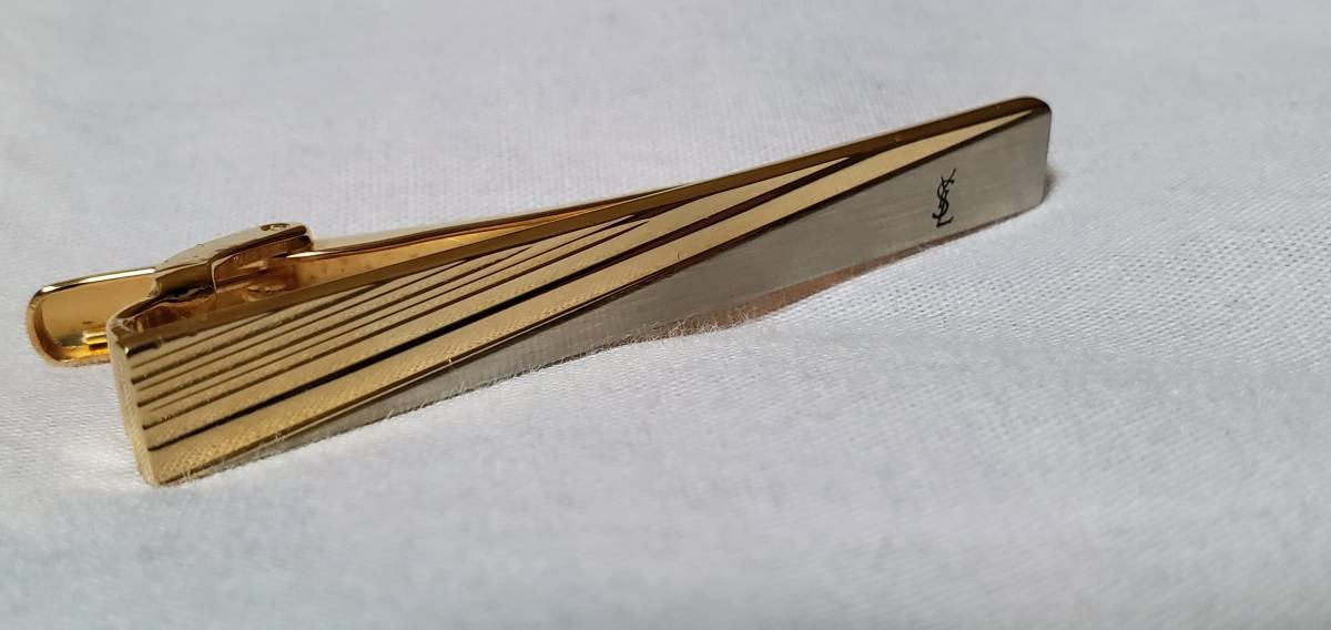 Rare Yves Saint Laurent Vintage YSL Logo Shiny Combination Tie Pin Gold Stripe