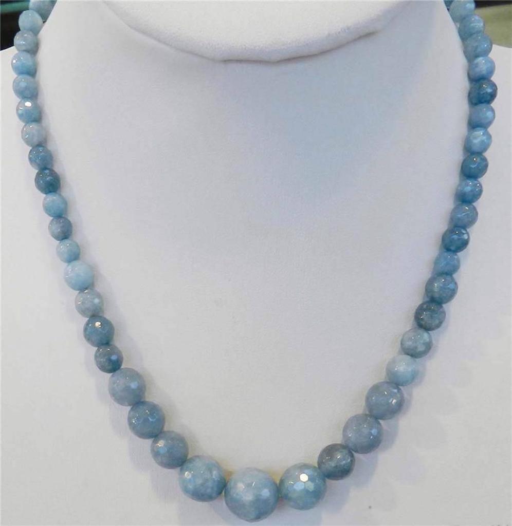 6-14mm Brazilian Blue Aquamarine Faceted Gemstone Round Beads Necklace 18"