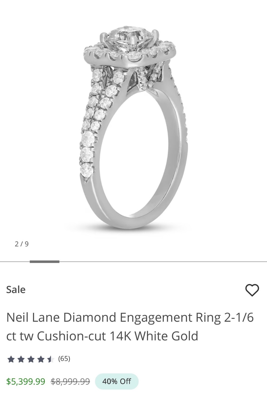 Neil Lane Engagement wedding set 2.54 CTW Cushion-cut 14K White Gold Size 7