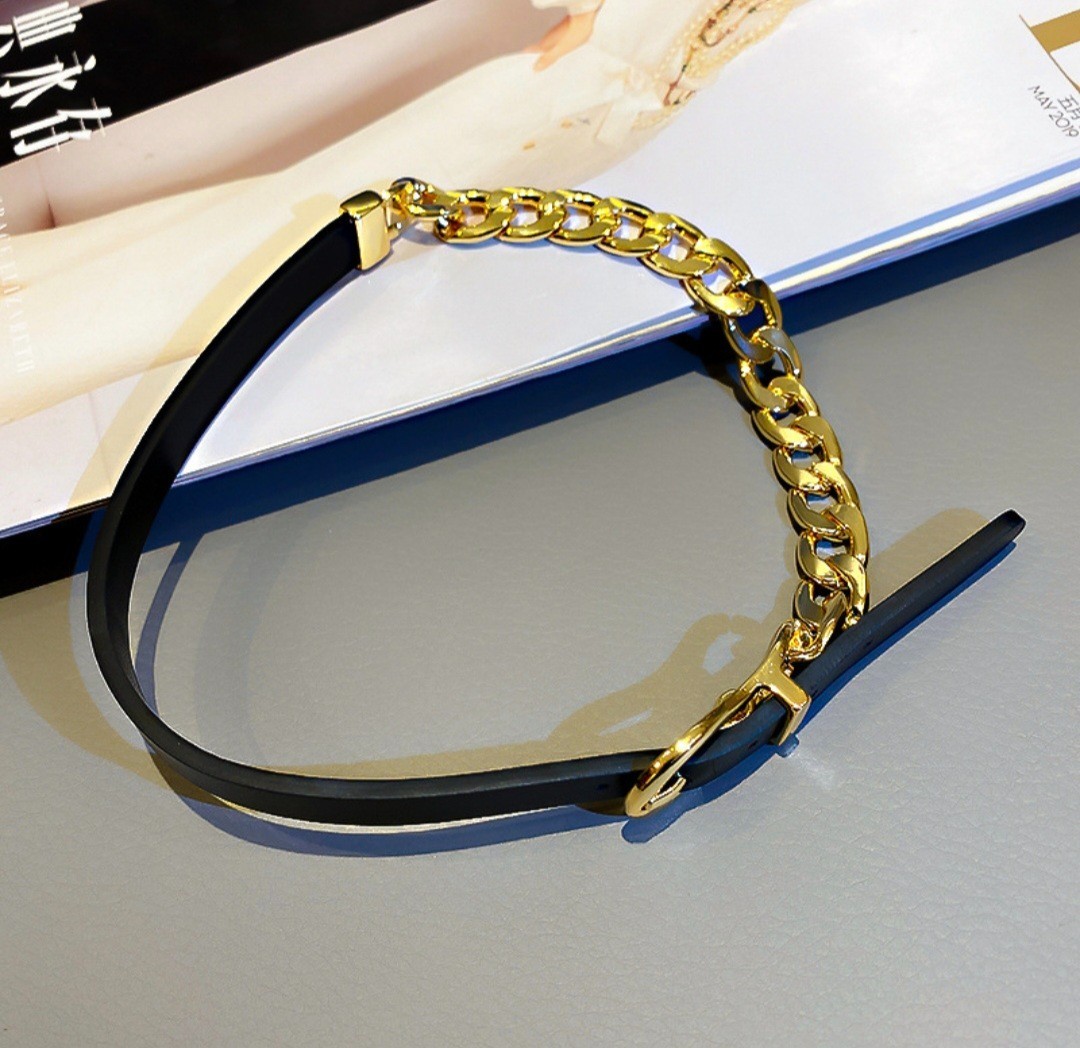 Edgy Leather Buckle Choker Necklace Gold Chain Statement Collar