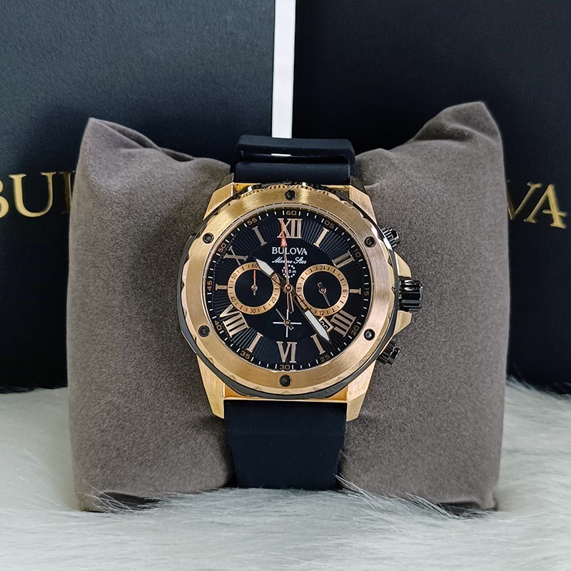 Bulova Marine Star-98B104-Men Black Rubber Strap Quartz Watch Rose Gold Dial44mm