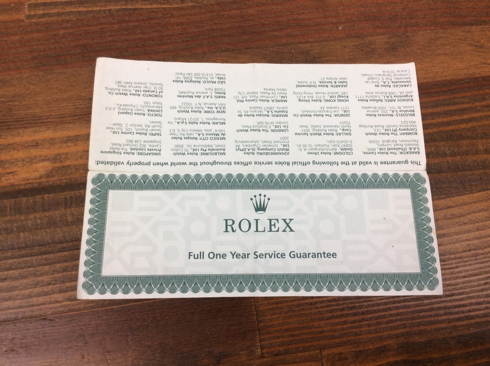 Rolex Full One Year Service Guarantee 1997 Accessories for Collectors