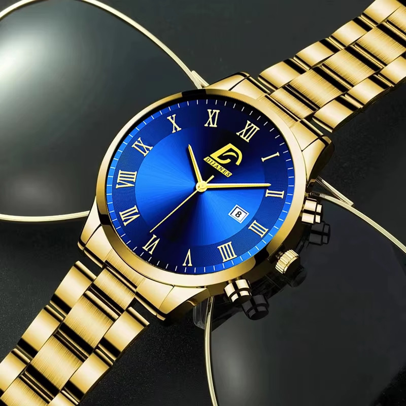 Luxury Minimalist Men’s Gold Stainless Steel Quartz Watch with Calendar