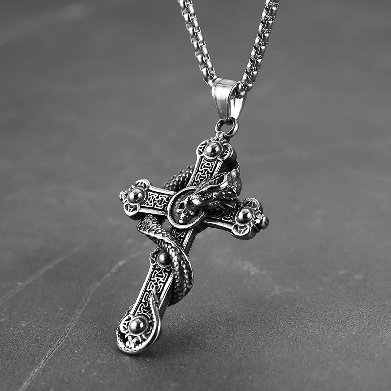 Dragon Wrapped Skull Cross Pendant Vintage Titanium Gothic Punk Necklace For Men