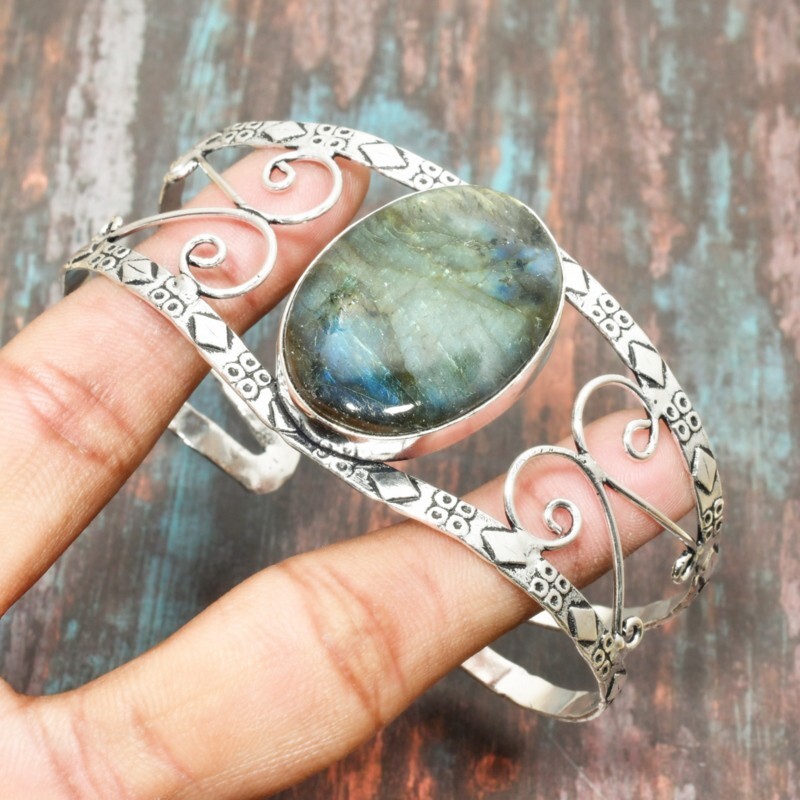 Labradorite Gemstone Handmade 925 Sterling Silver Cuff Bangle Adjustable Jewelry
