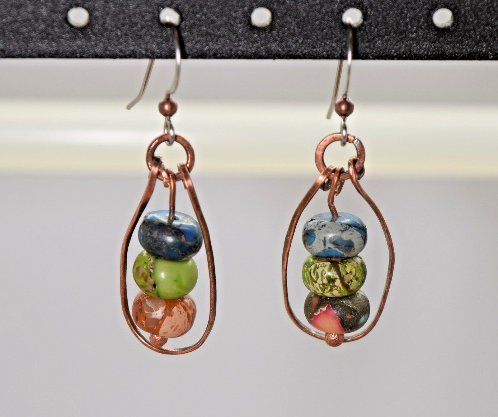 Hammered Copper & Blue, Green and Orange Copper Turquoise Bead Dangle Earrings