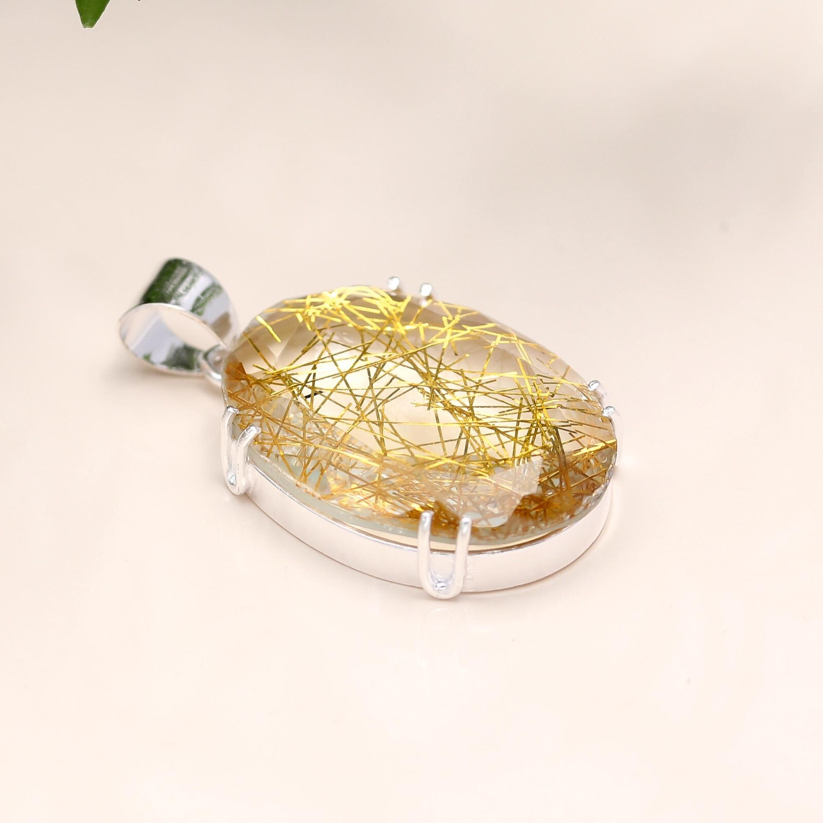 Golden Rutile Gemstone Pendant 925 Sterling Silver Jewelry Handmade Pendant