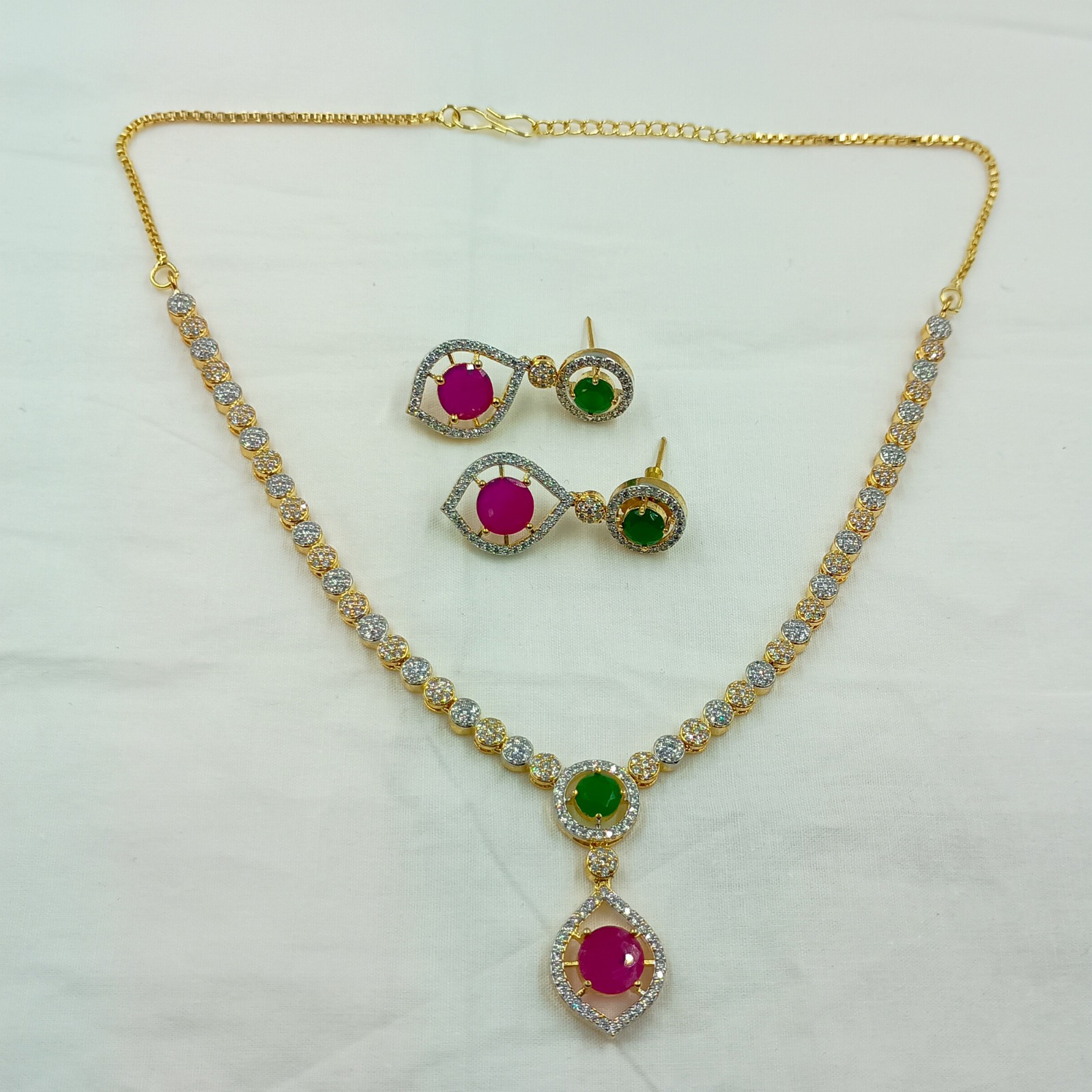 Round Stone Ruby Emerald Necklace Set 22k Gold Plated South Indian Jewelry