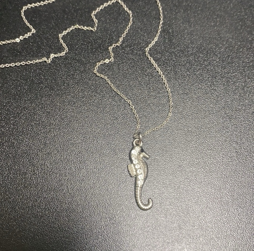 Silver Alloy Dainty Seahorse Rhinestone Chain Necklace Lobster Claw Closure