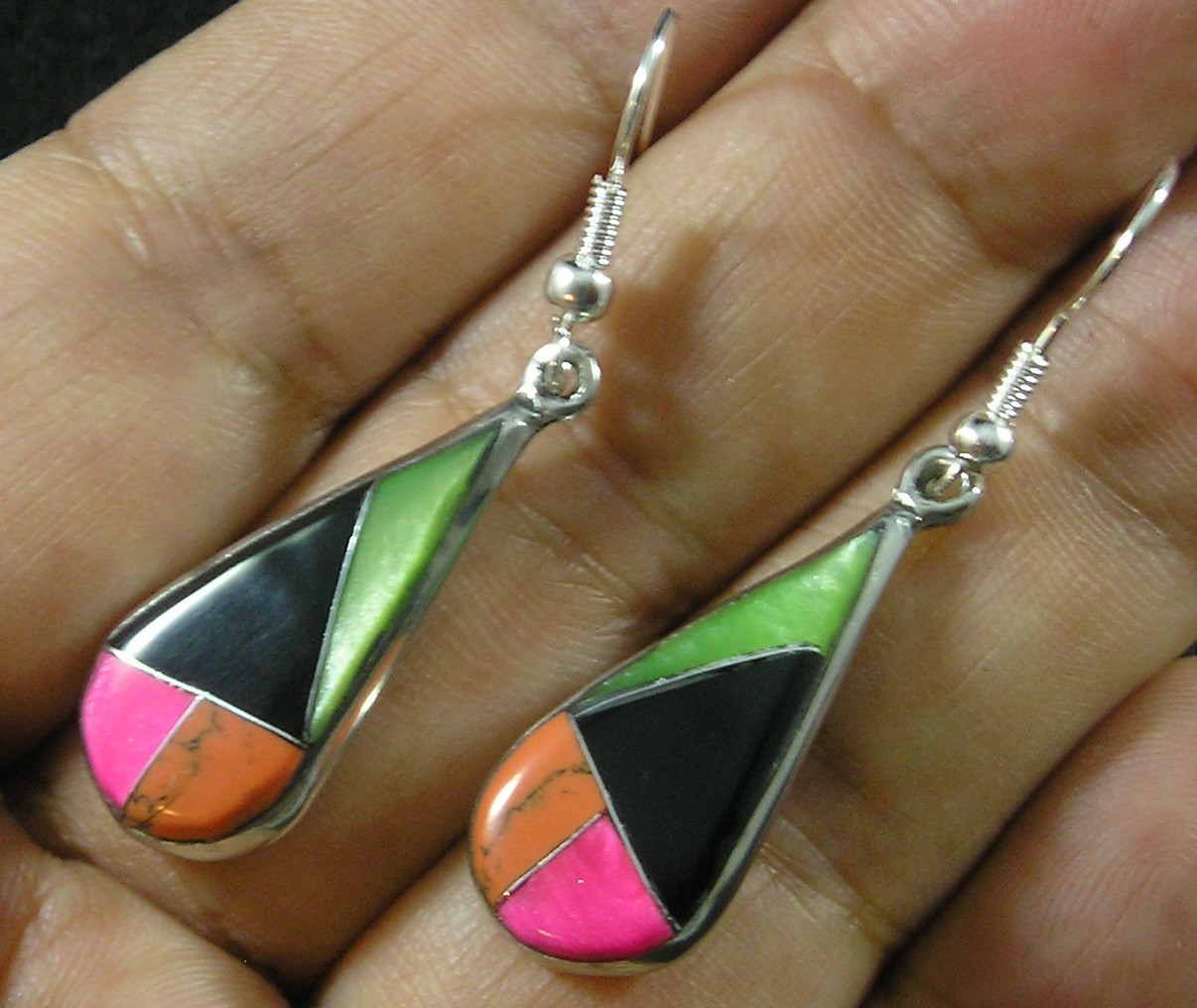 Gemstone Inlaid Onyx Jasper Resin Teardrop Silver Plated Earrings Green Orange