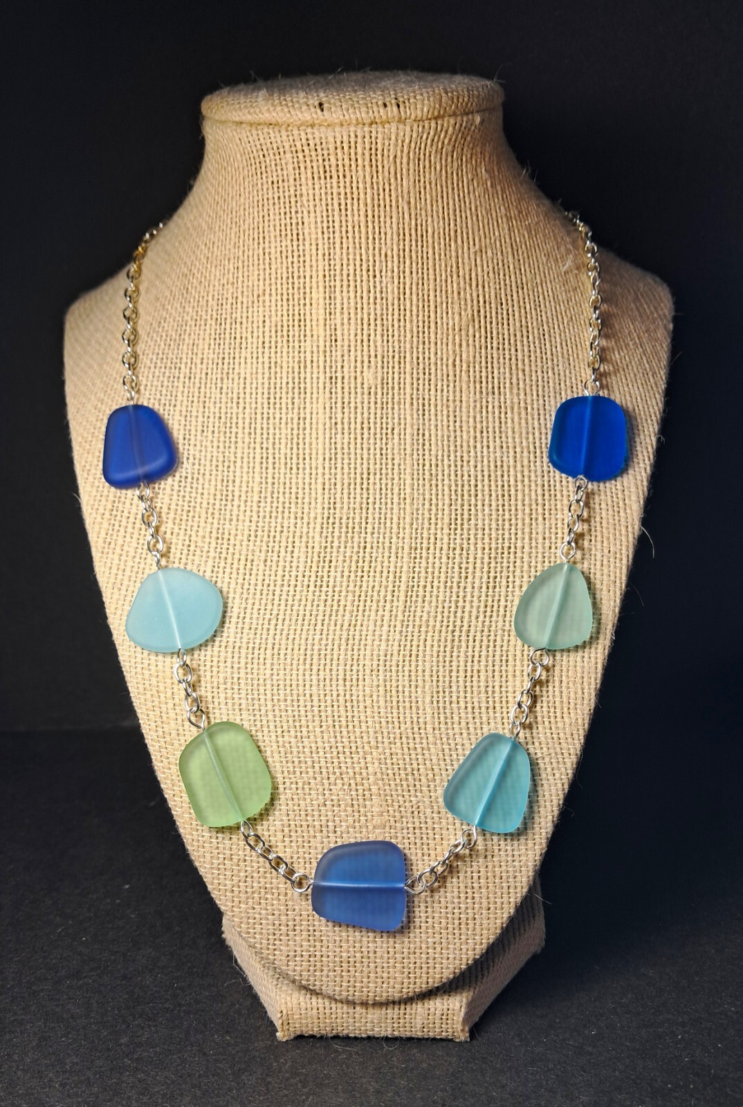 OCEAN BLUES and GREENS cultured sea glass jewelry 22″ necklace.