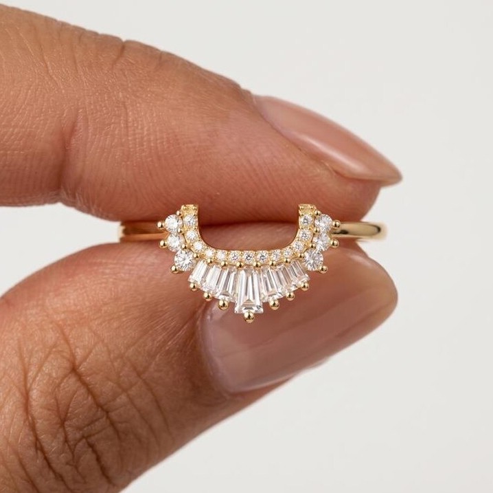 Tapered Baguette Moissanite Curved Band, Art Deco Stacking Ring, Promise Ring