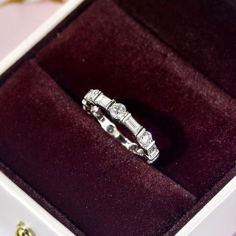 Full Eternity Moissanite Band Ring Round & Baguette 14K Yellow Gold Wedding Band
