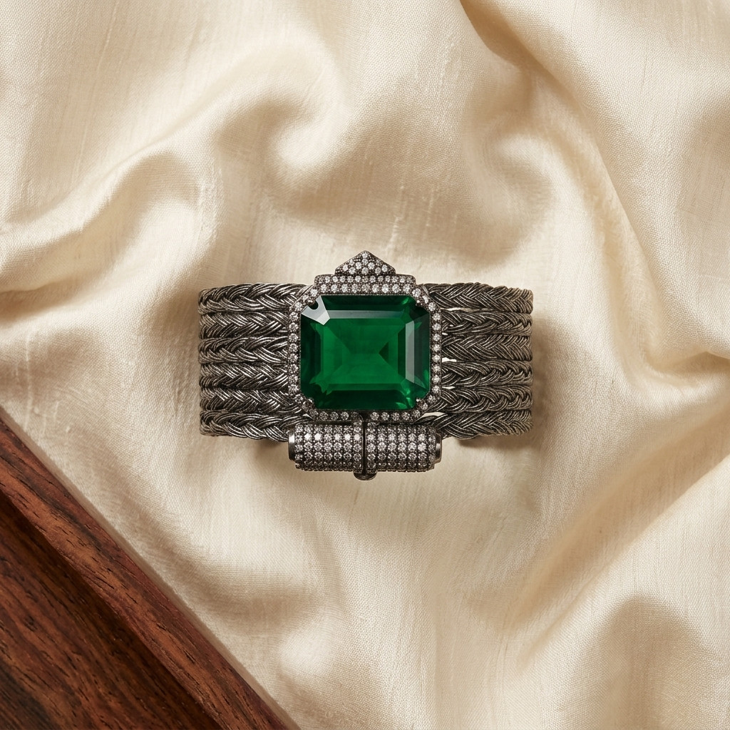Green Gemstone Bracelet, Braided Cuff Bracelet, Emerald Glass Stone Wrist Cuff