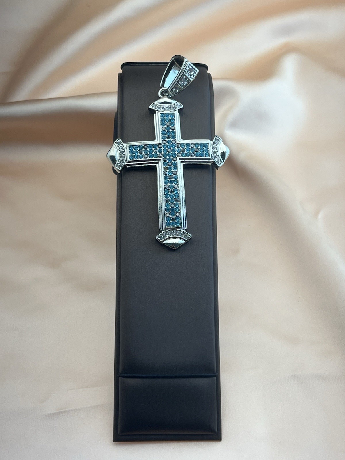 Large Christian Cross Pendant, Blue And Black Cz Stainless Steel 6