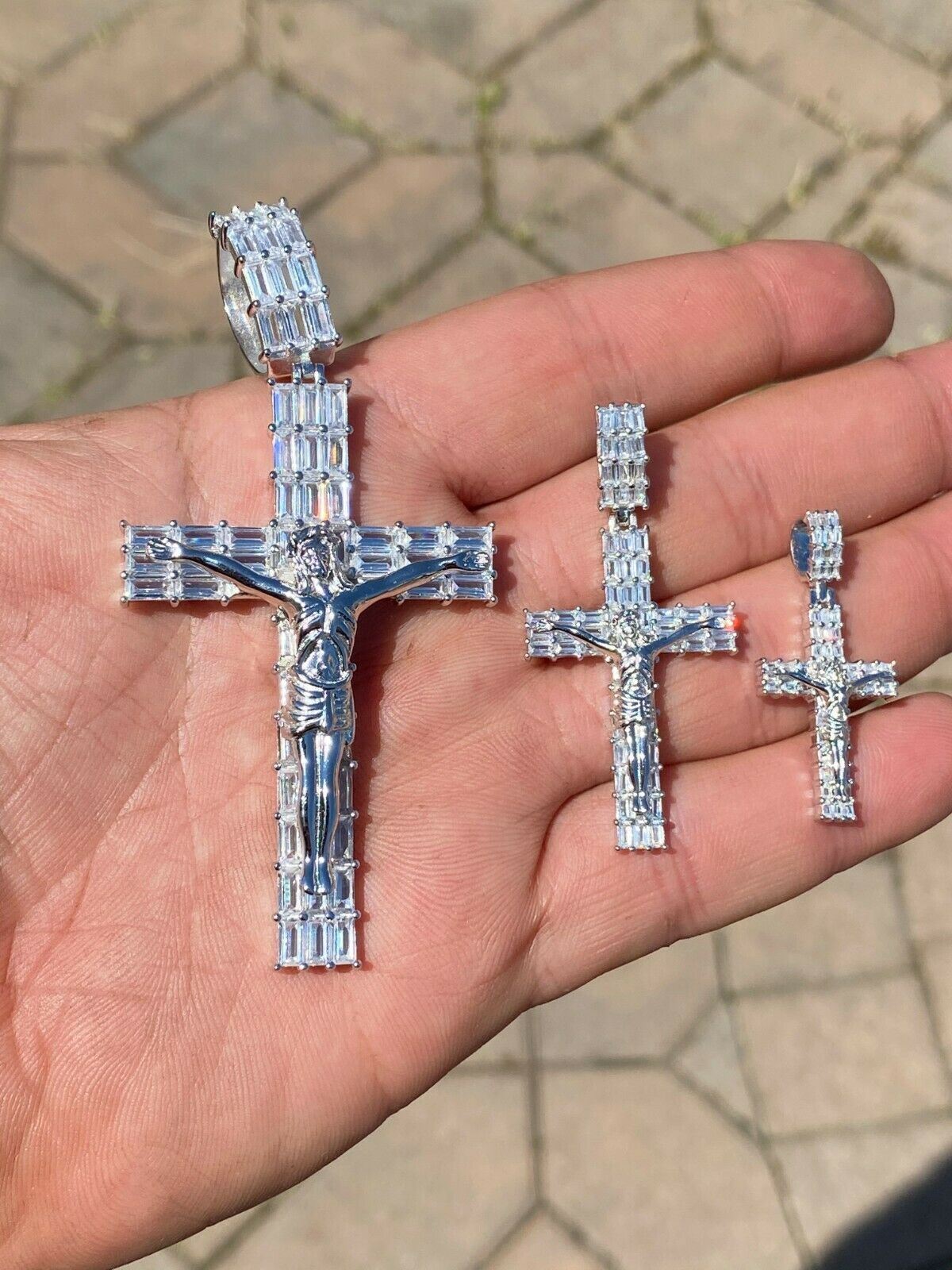 Solid 925 Sterling Silver Cross W. Jesus Pendant Baguette Iced CZ Necklace Big