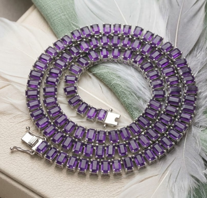 Purple Emerald Cut Tennis Necklace, Amethyst Choker, In 925 Sterling Silver