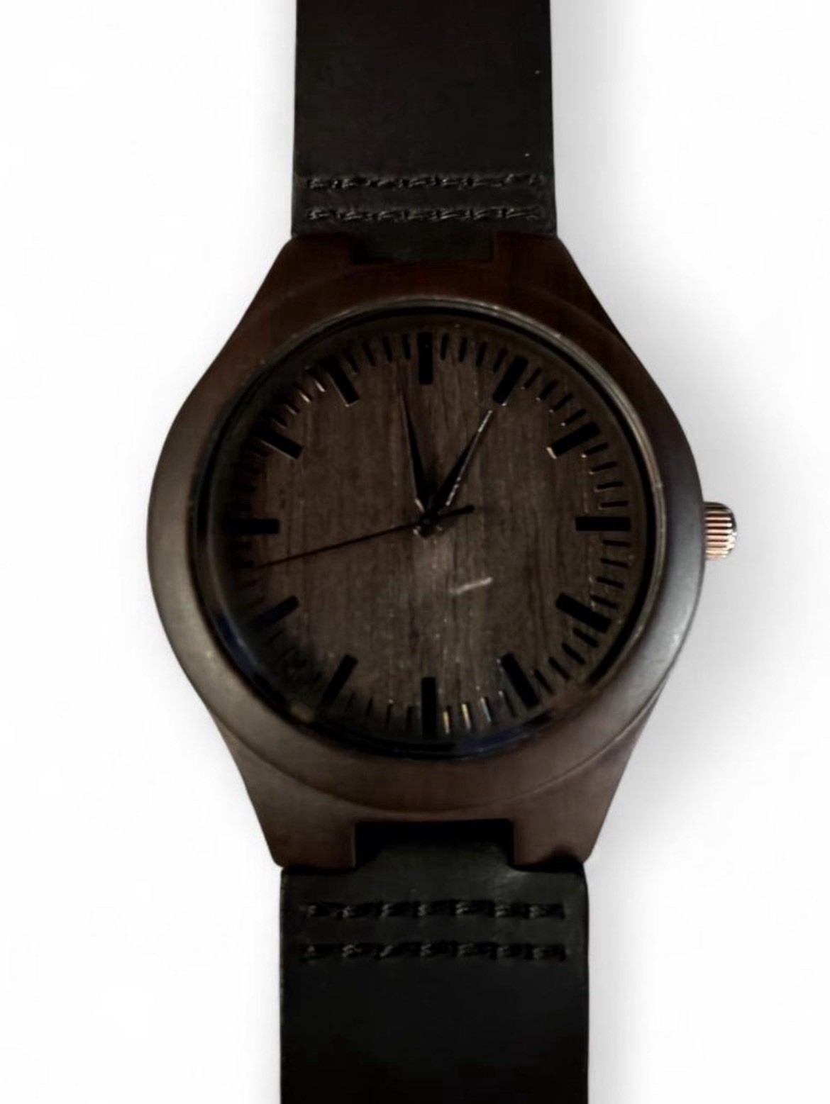 Brown Wood Grain Dial Analog Wristwatch Black Leather Strap Screwback Case