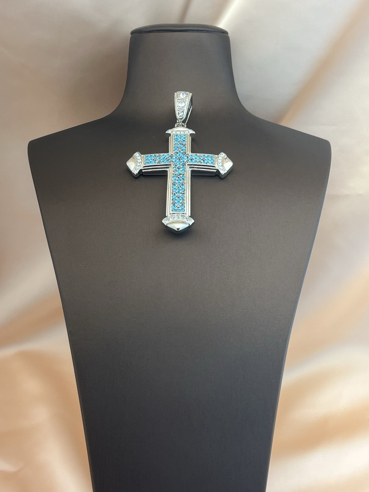 Large Christian Cross Pendant, Blue And Black Cz Stainless Steel 6