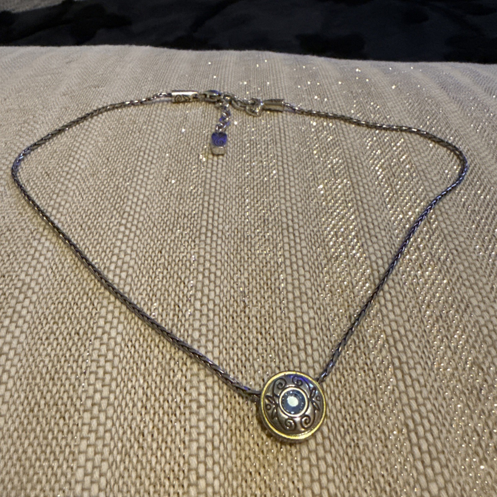 Brighton Silver Tone Chain Necklace Blue Swarovski Crystal Charm Gold Accents