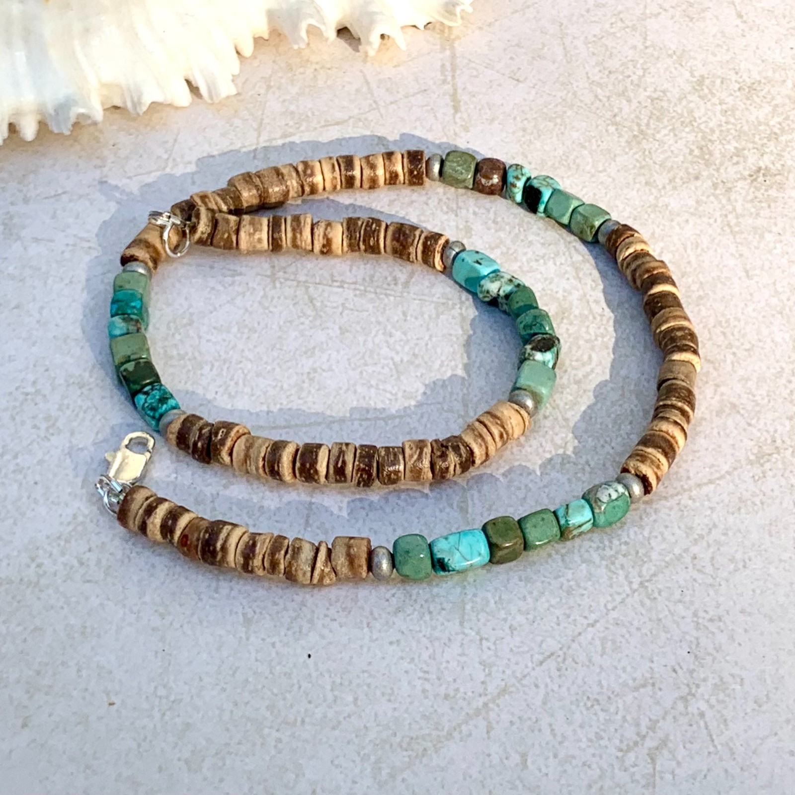 Shell & Coconut Bead Necklace Blue Surf Style Unisex Beach Jewelry Handmade