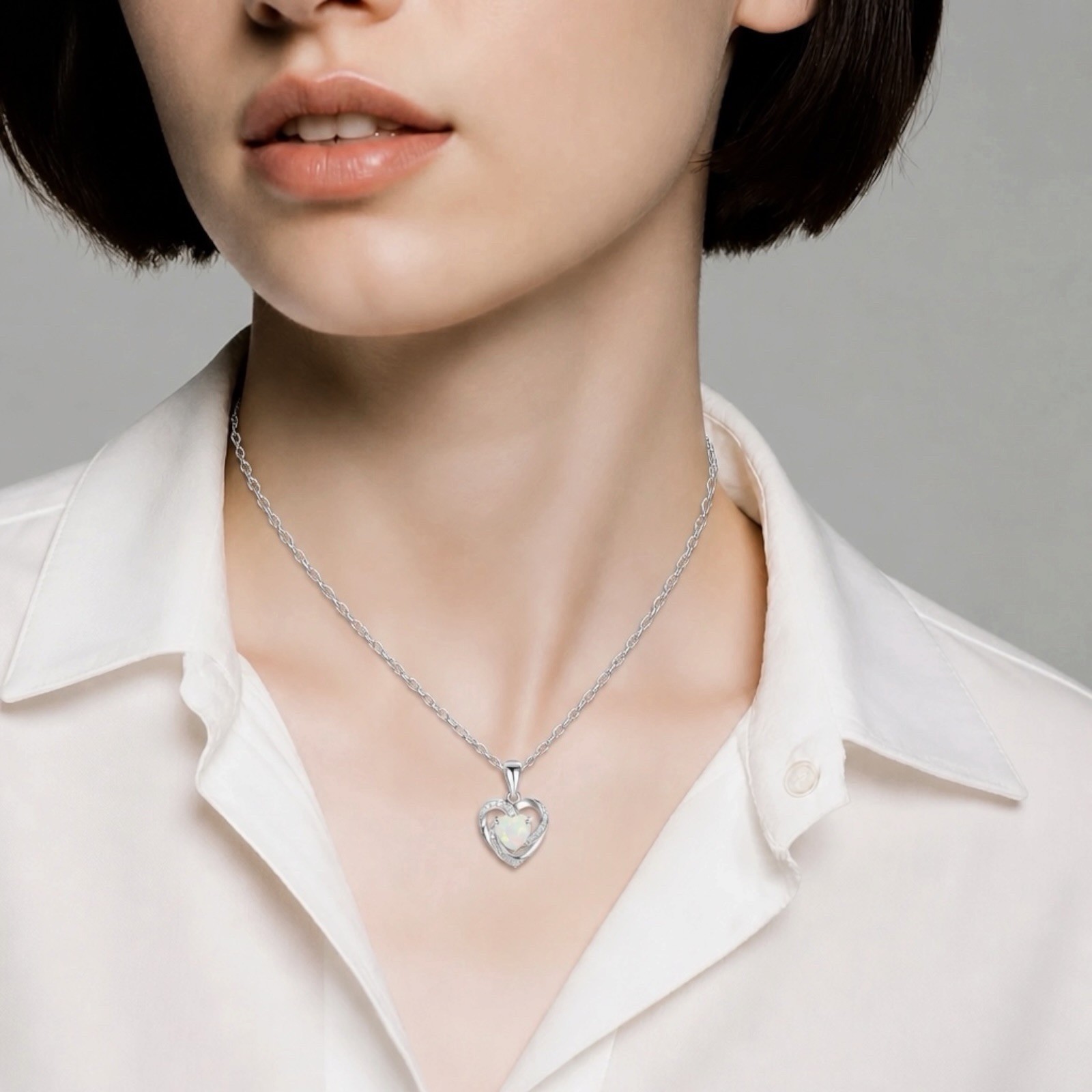 Women Silver Plated Opal Heart Pendant Necklace 18” Lab-Created B90