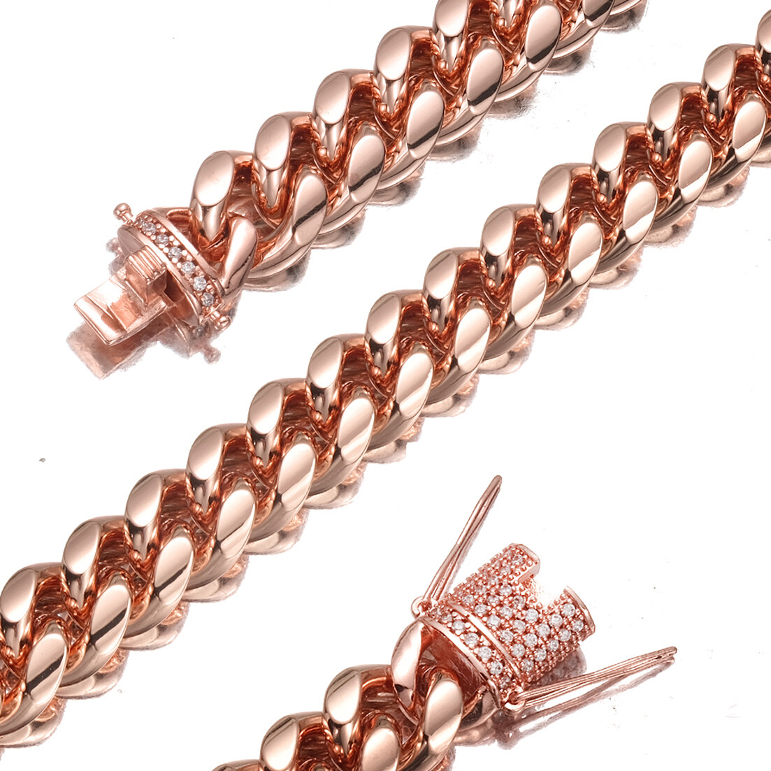 Men Women Rose Gold Stainless Steel Miami Cuban Link Chain Necklace CZ Clasp