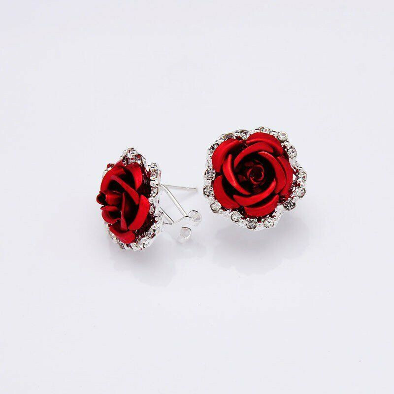 Love Fashion Women Lady Rose Flower Crystal Rhinestone Pierced Ear Stud Earrings