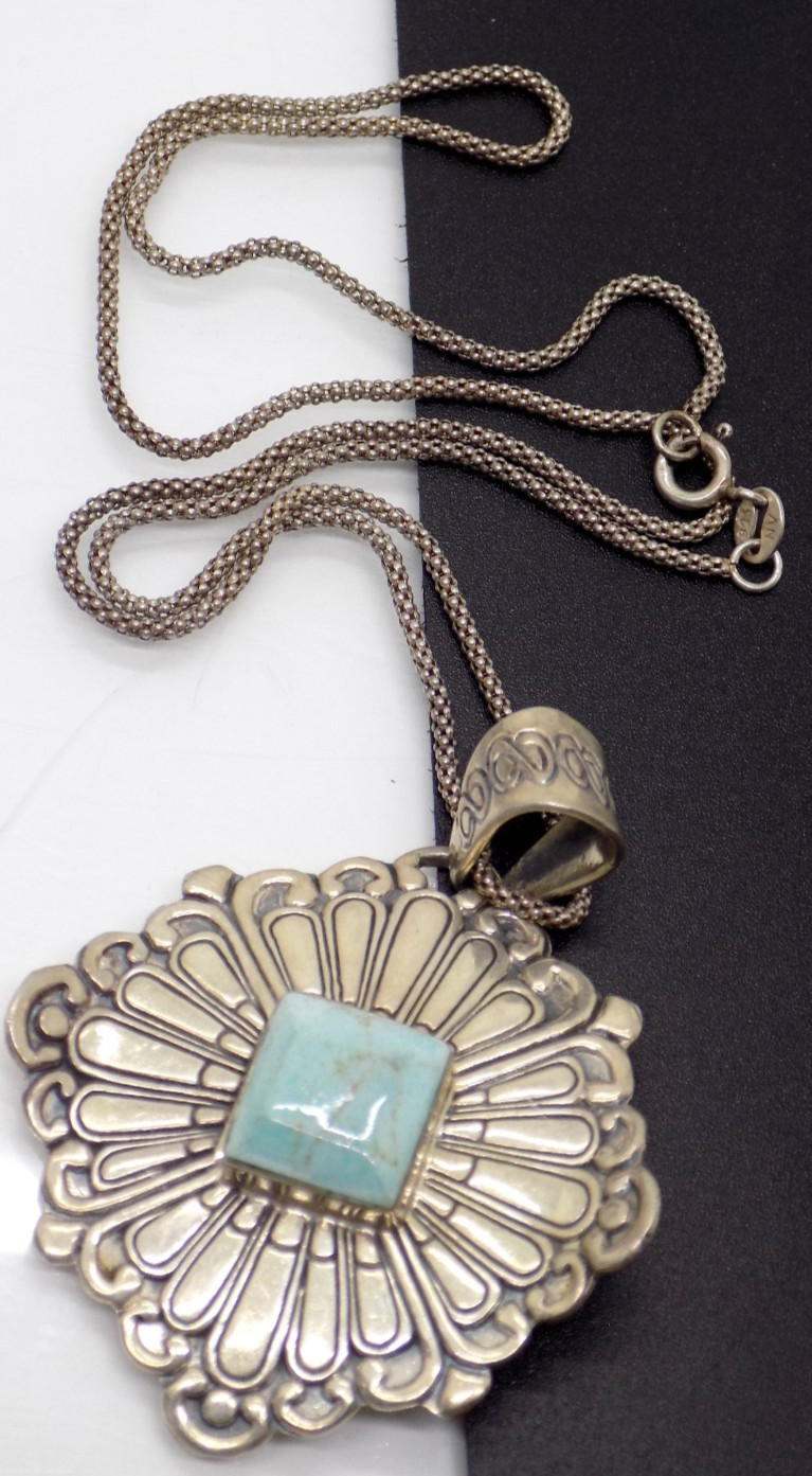 Amparo Mexico 925 Sterling Silver Turquoise Pendant Popcorn Chain Necklace Vtg