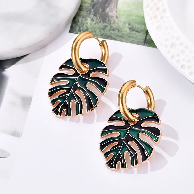 Colorful Big Leaf Pendant Gold Color Stainless Steel Earrings For Women