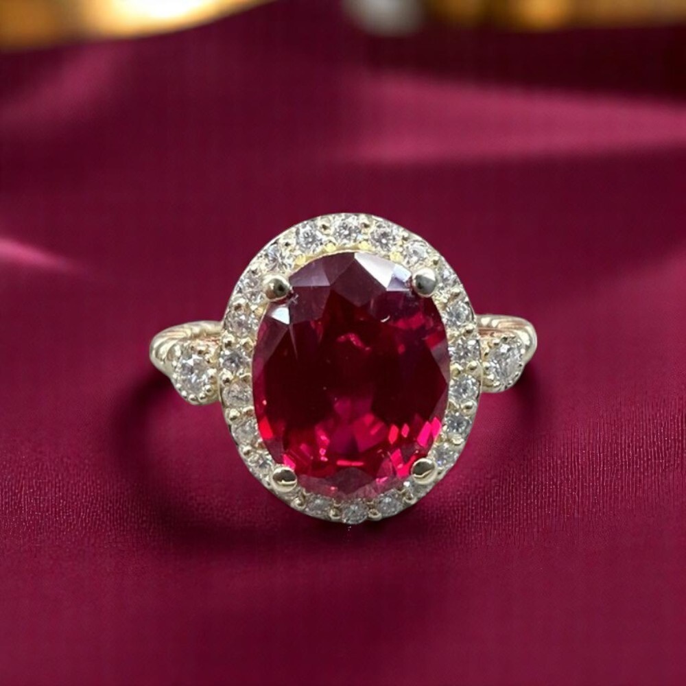 14K Yellow Gold Wedding Ring Lab Created 3.50 Ct Diamond Women Ruby Oval Red