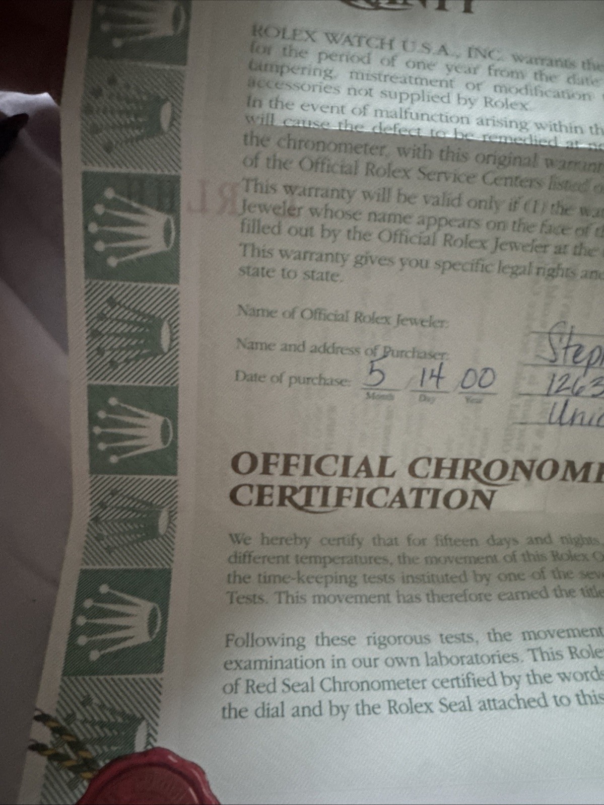 Original Rolex One Year Warranty R15210 From May, 2000
