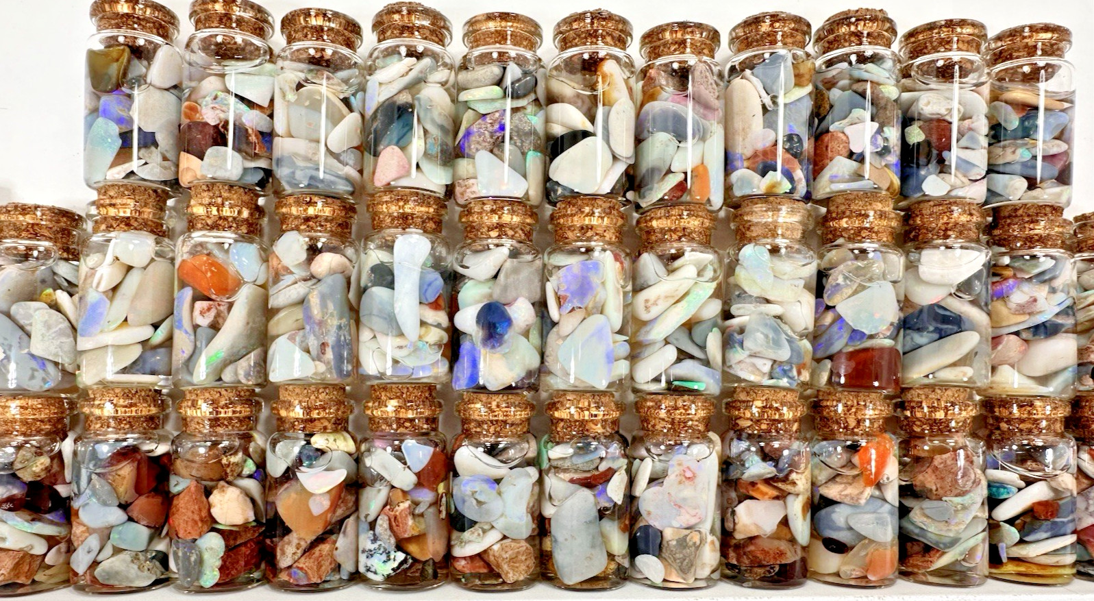 40 ct Premium Australian Coober Pedy Rough/Rubs Opals in Glass Bottles