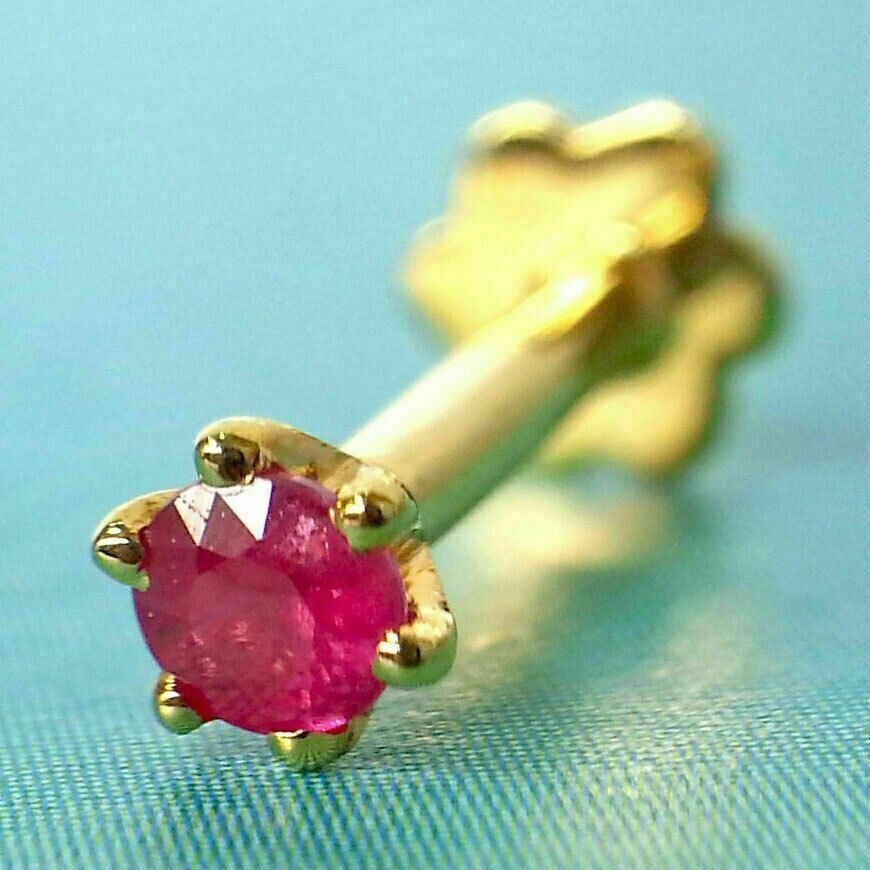Round Cut Natural Red Ruby 0.08 Ct Nose Screw Back Piercing Pin 14K Yellow Gold