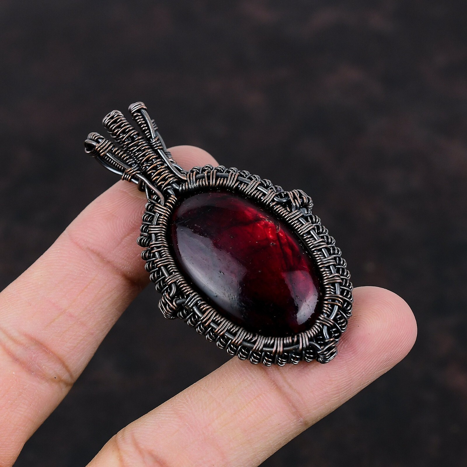 Red Fire Labradorite Copper Gift For Mum Wire Wrapped Pendant 2.64″