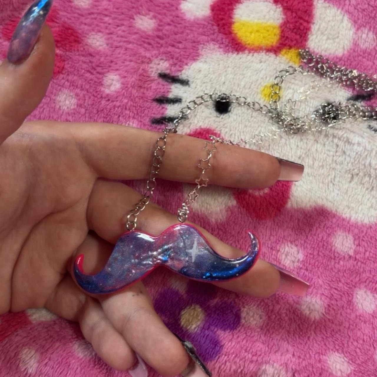 Handmade Pink & Blue galaxy Glitter Mustache Necklace