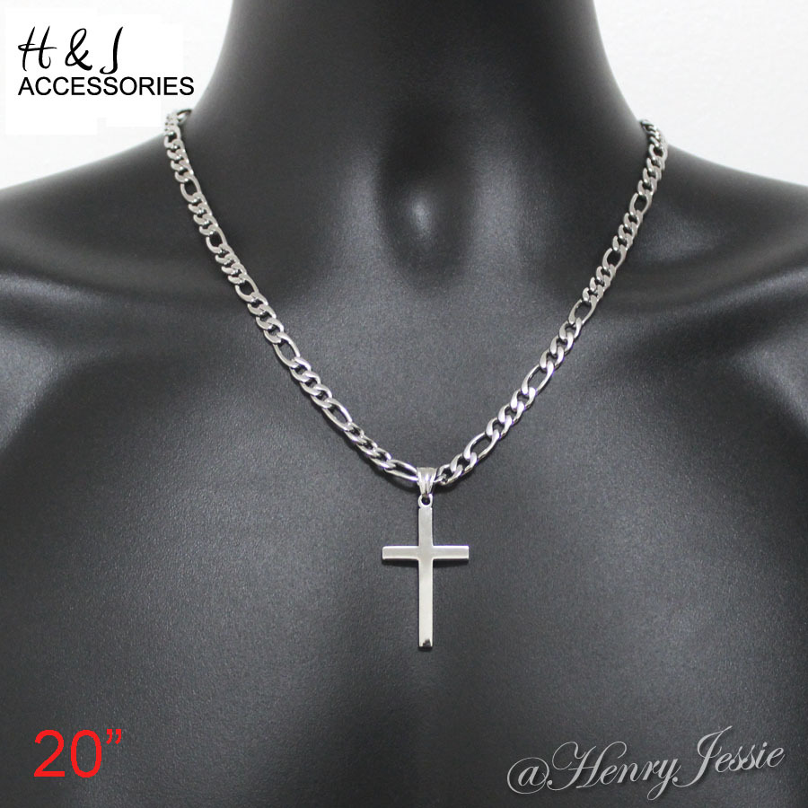 18-36″MEN Stainless Steel 4mm Silver Figaro Link Chain Simple Cross Pendant*SP