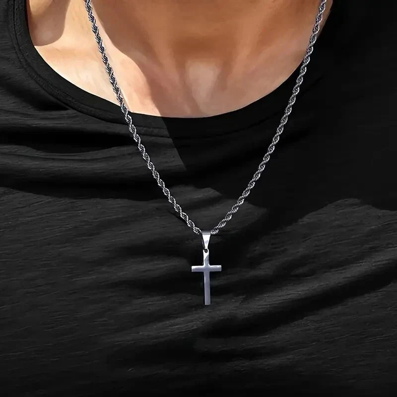 NewMen Stainless Steel Cross Pendant Necklace Hip Hop Simple Chain Silvery Gift