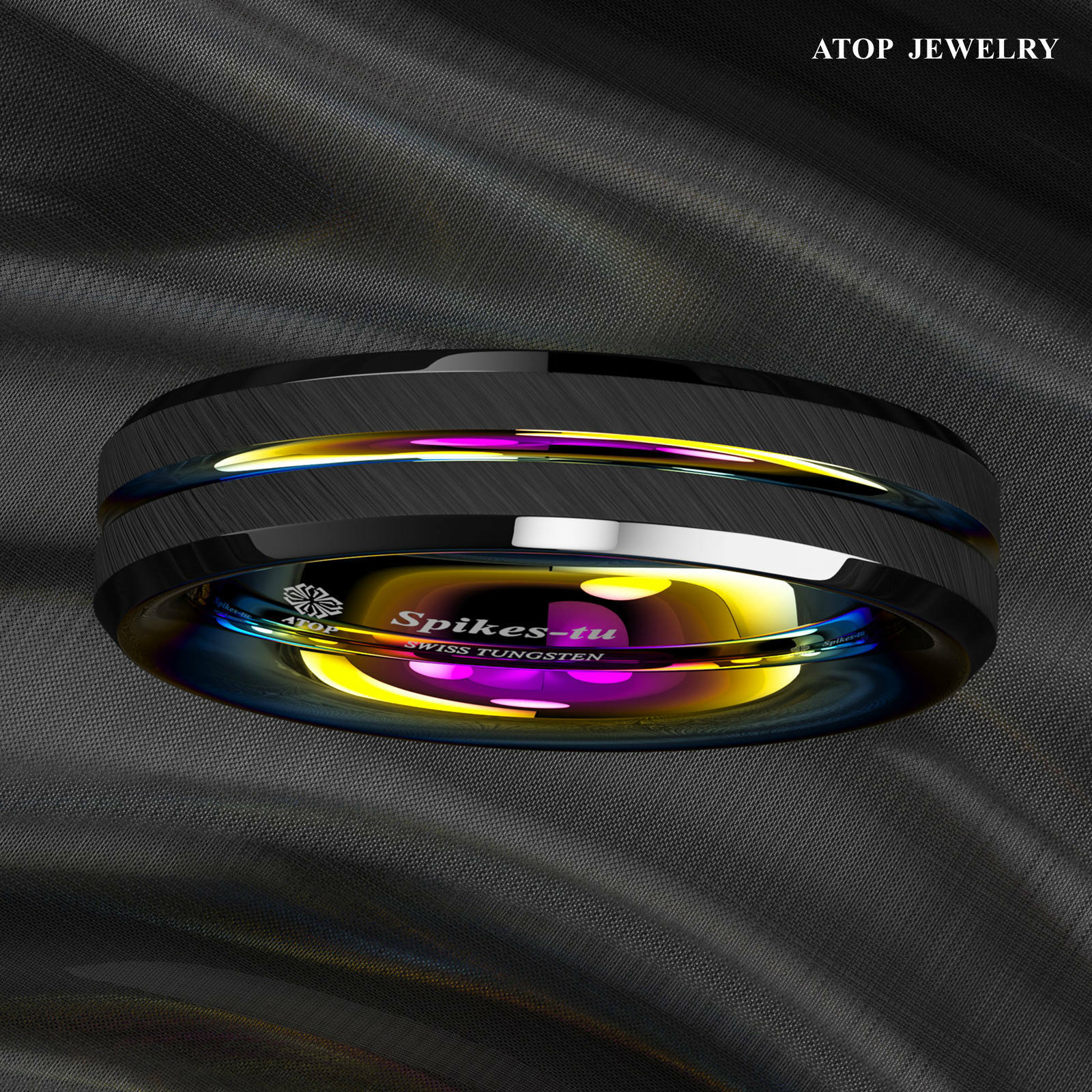 8/6mm Black Brushed Tungsten Carbide Ring Rainbow Line Wedding Band ATOP Jewelry
