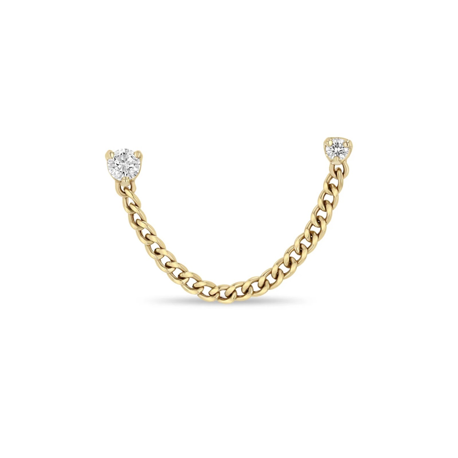 14K Solid Gold Curb Chain Double Hole Piercing Stud Earrings Round Diamond Fine