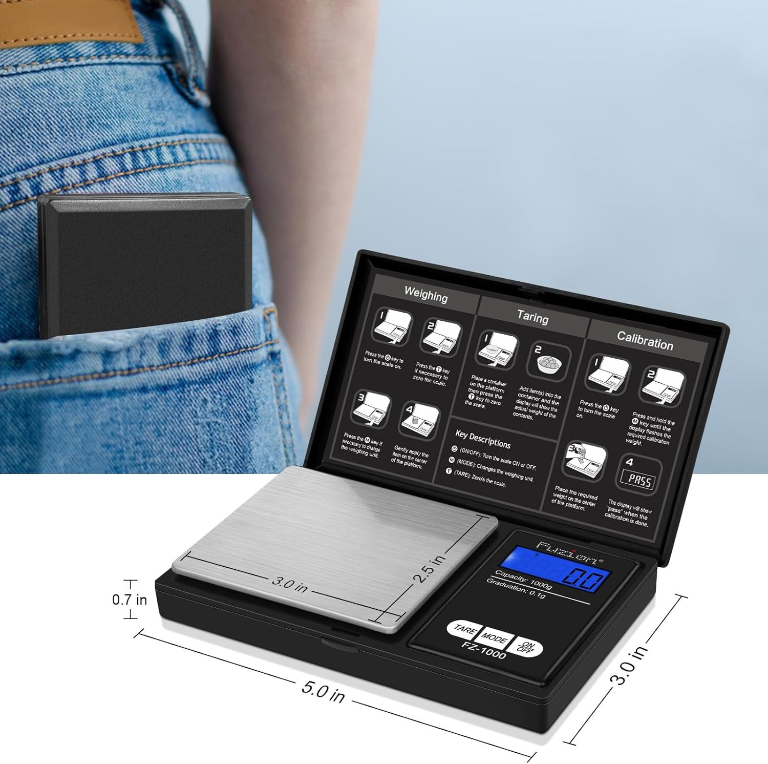 Fuzion Digital Pocket Gram Scale 1000G/0.1G, Small Digital Scales Grams Ounces G