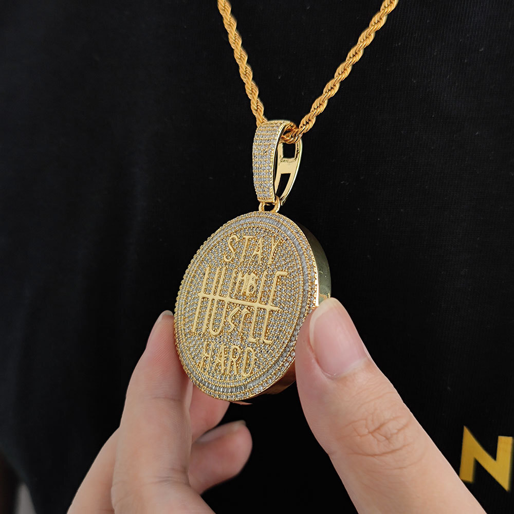 Hip Hop Big Round Letter Pendant Necklace Bling Full Zircon Real Gold Plated