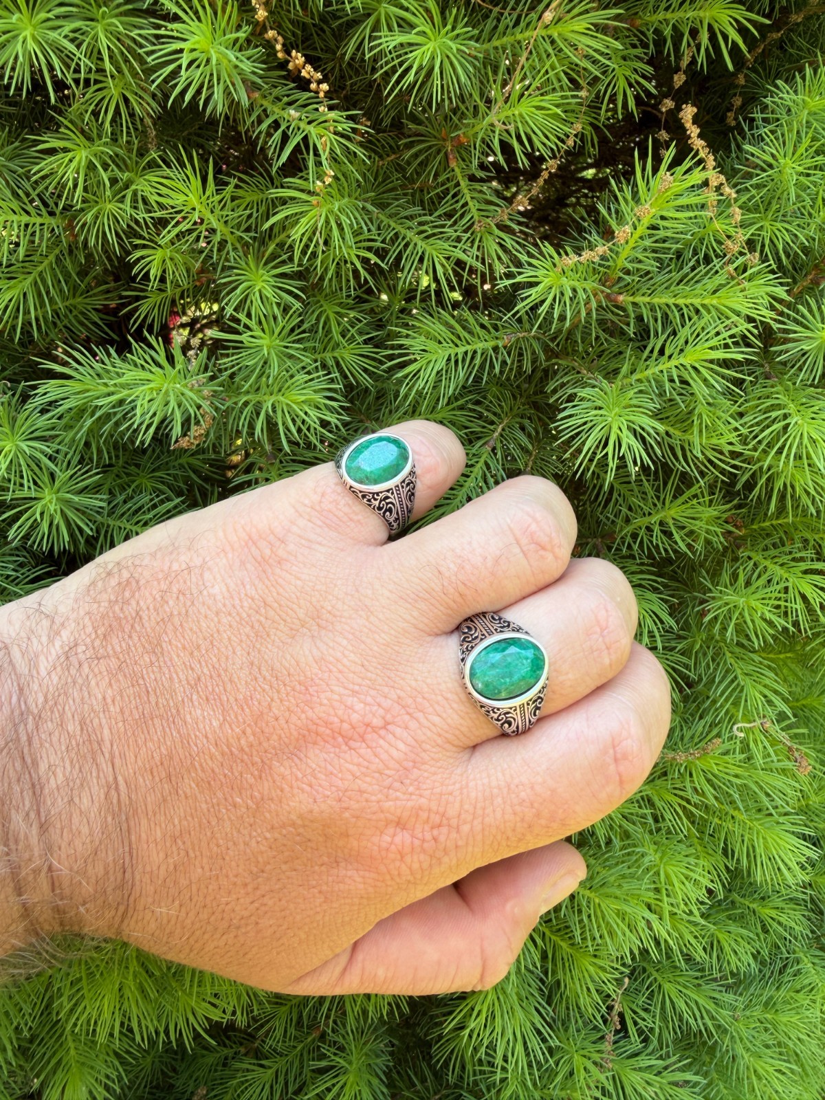 Real Columbian Green Emerald Stone Mens Solid 925 Silver Ring – Oxidized Vintage