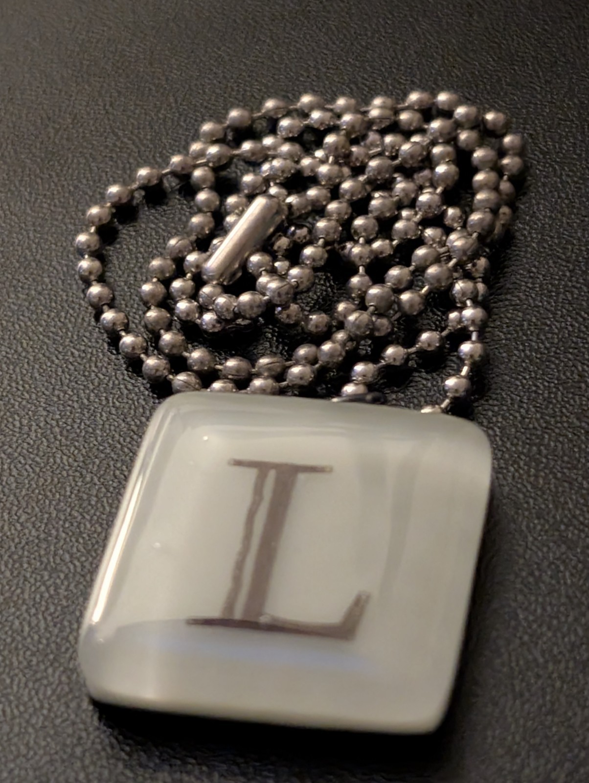 Initial Letter L Glass Tile Pendant Necklace Silver Ball Chain Monogram White