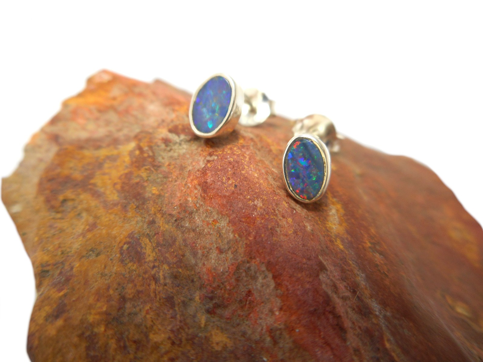 Natural Small Australian Opal Stud Earrings – Sterling Silver Gemstone