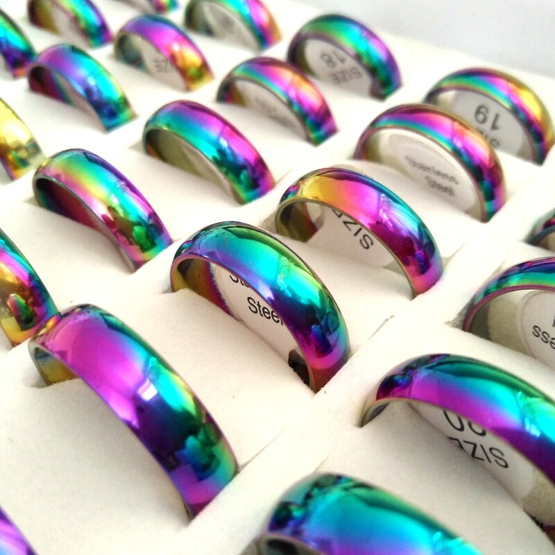 Bulk Lots 100pcs Stainless Stee 6MM Rainbow Band Ring Classic Jewelry Size Mixed