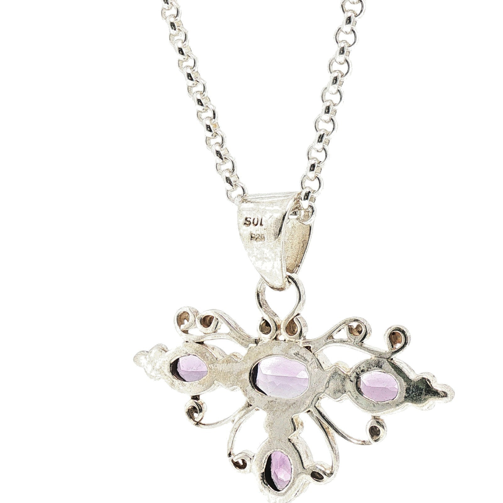 Elegant Silver Amethyst Cross Pendant Necklace 60cm Belcher Chain – E19991